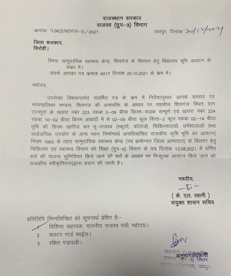 विधायक संयम लोढ़ा के प्रयासों से शिवगंज अस्पताल भवन विस्तार को मिली मंजूरी, भूमि आवंटन।
